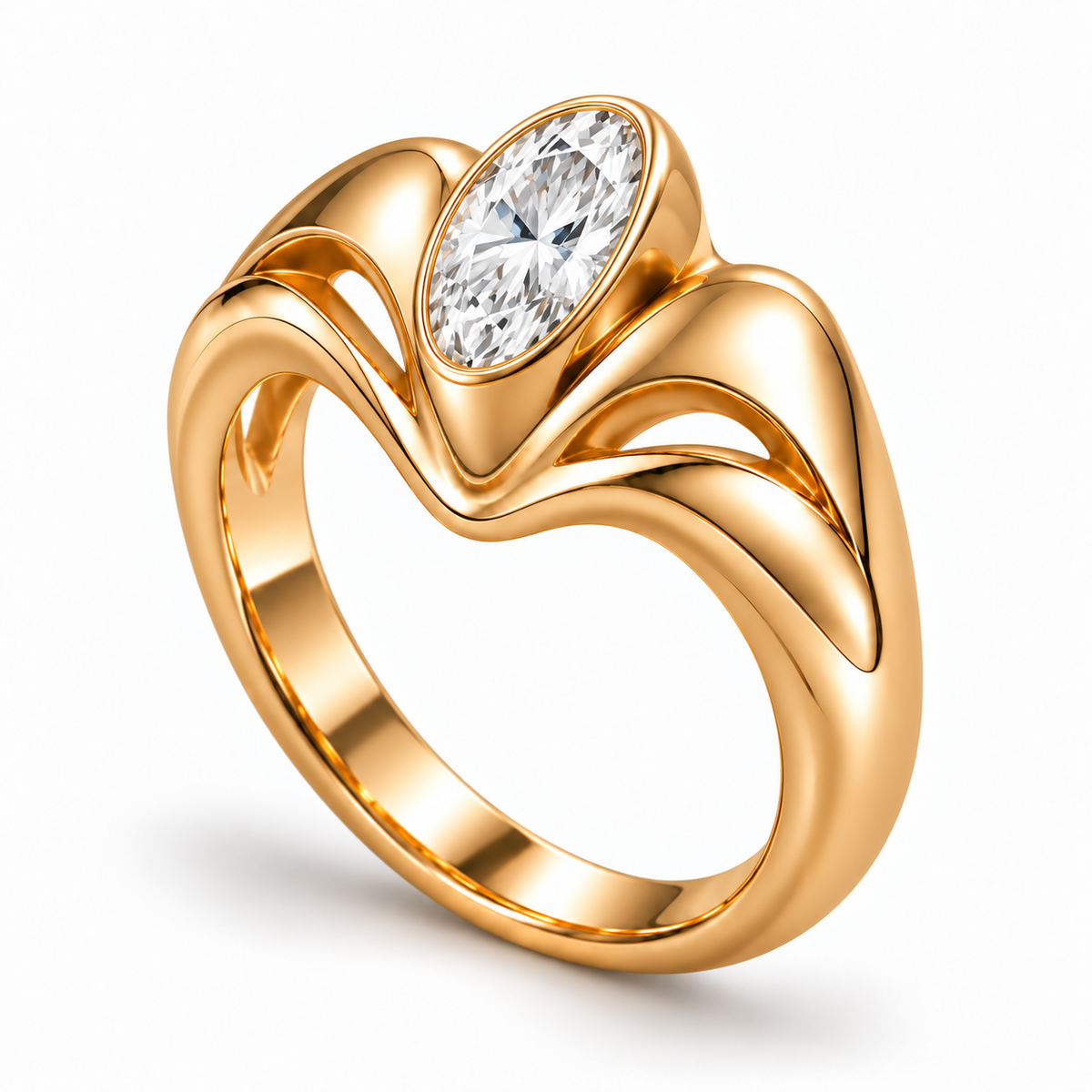 AI oblique side-view illustration of the Crown Flow ring’s oval diamond bezel and curved yellow-gold shoulders; not a calibrated engineering view.