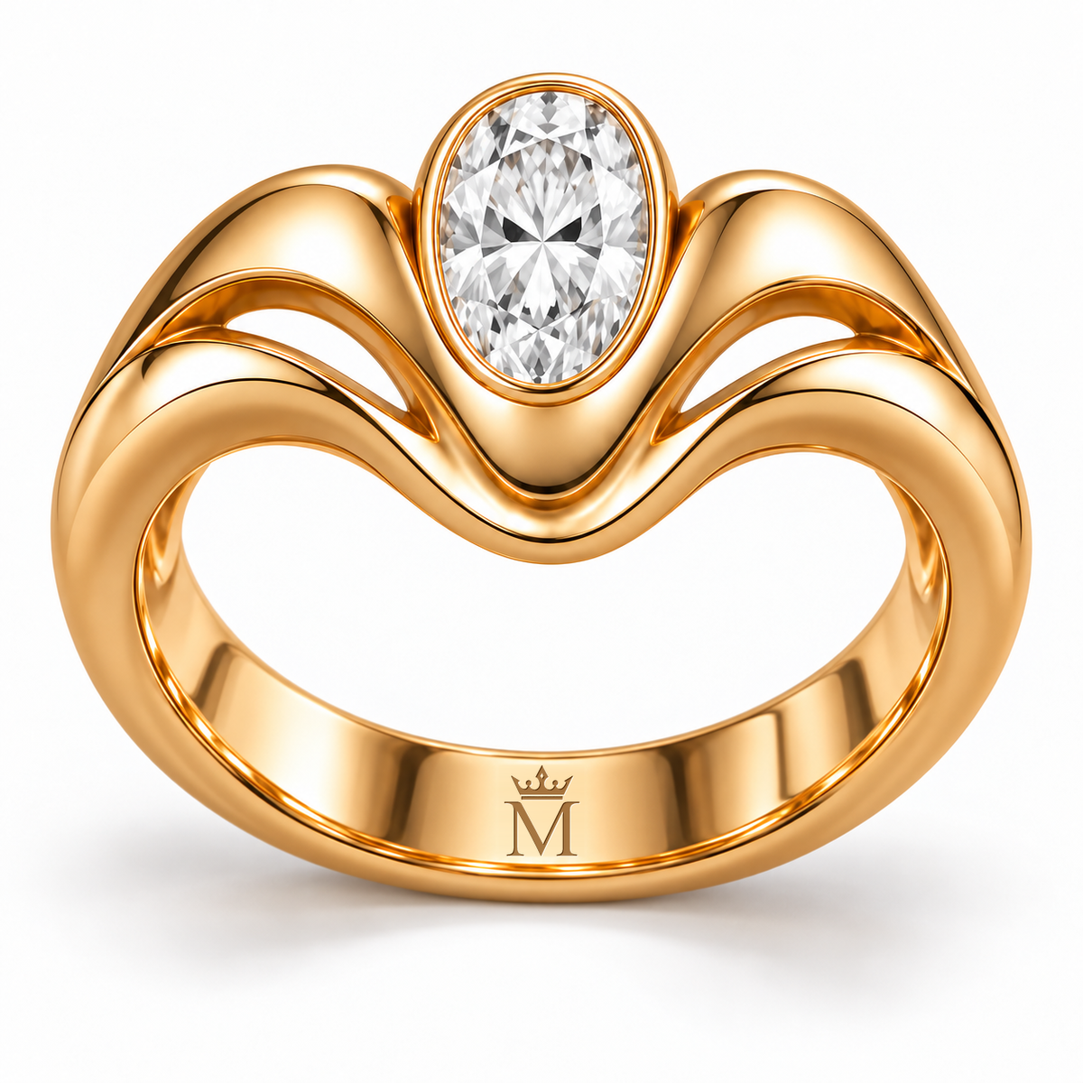 AI illustration of the Crown Flow ring with the proposed crowned-M maker’s engraving inside the lower band opposite the diamond.