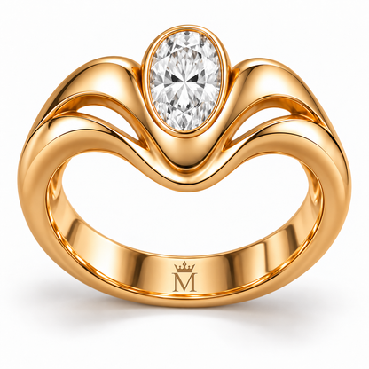 AI illustration of the Crown Flow ring with the proposed crowned-M maker’s engraving inside the lower band opposite the diamond.