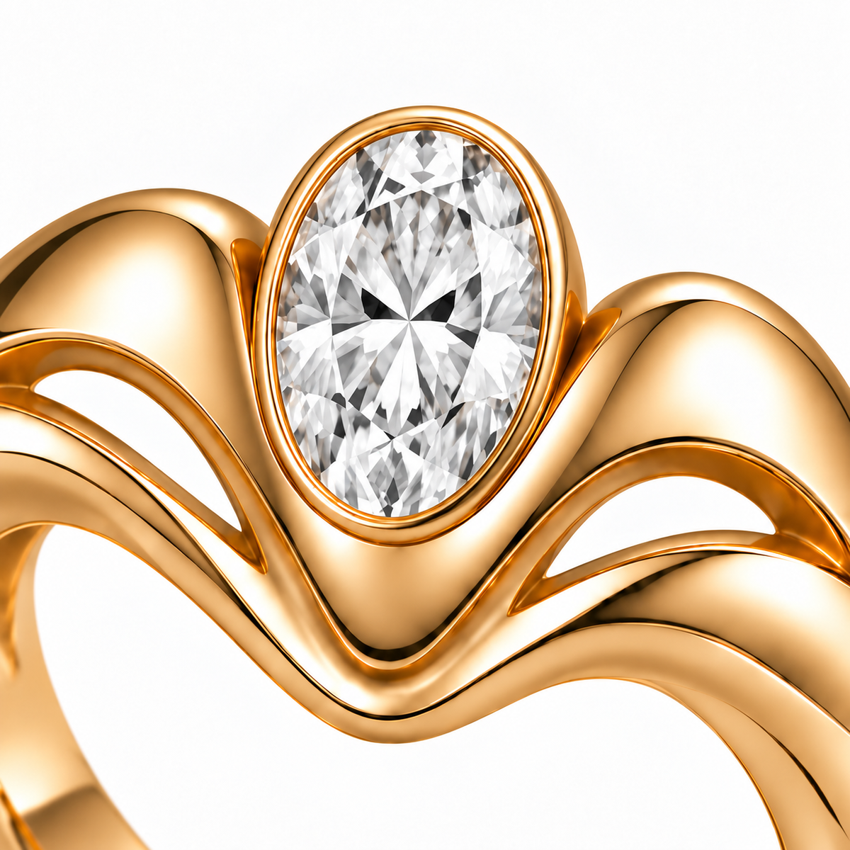 AI close-up illustration of the Crown Flow ring’s oval diamond bezel, polished gold shoulders and two crescent-shaped openings.