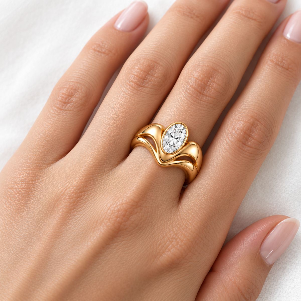 AI illustration of one Crown Flow ring on an adult hand; displayed fit and scale are illustrative.