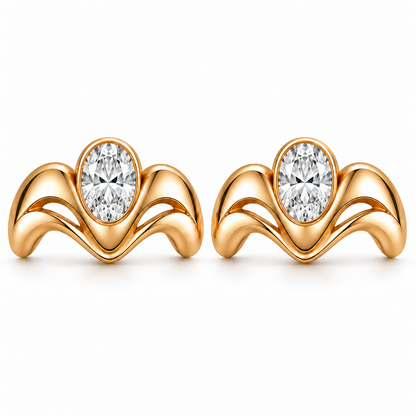 AI-generated front illustration of MISSISSI Crown Flow earrings with flowing gold M arches and oval lab-grown diamonds