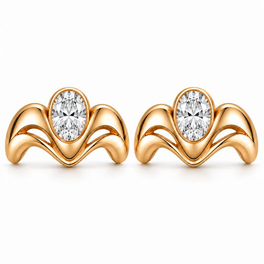 AI-generated front illustration of MISSISSI Crown Flow earrings with flowing gold M arches and oval lab-grown diamonds