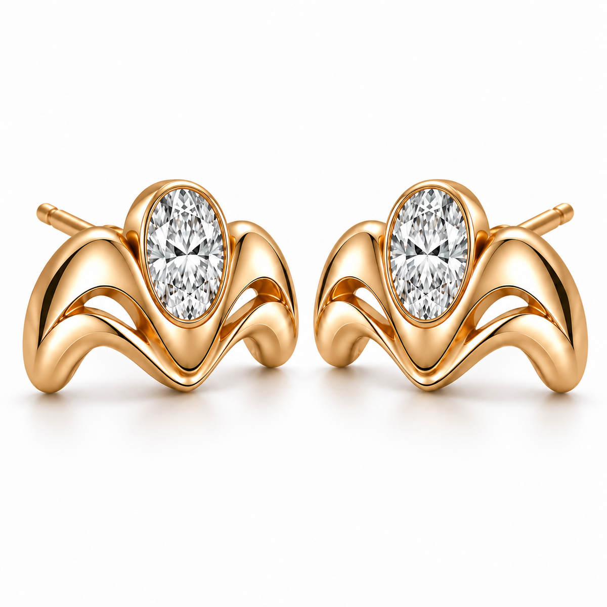 AI-generated three-quarter view of MISSISSI Crown Flow earrings with sculptural gold arches and full oval bezels