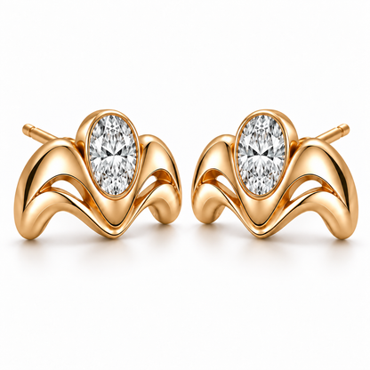 AI-generated three-quarter view of MISSISSI Crown Flow earrings with sculptural gold arches and full oval bezels