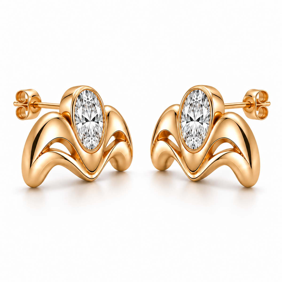 AI-generated side-angle illustration of MISSISSI Crown Flow earrings showing attached stud posts and friction backs