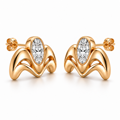 AI-generated side-angle illustration of MISSISSI Crown Flow earrings showing attached stud posts and friction backs