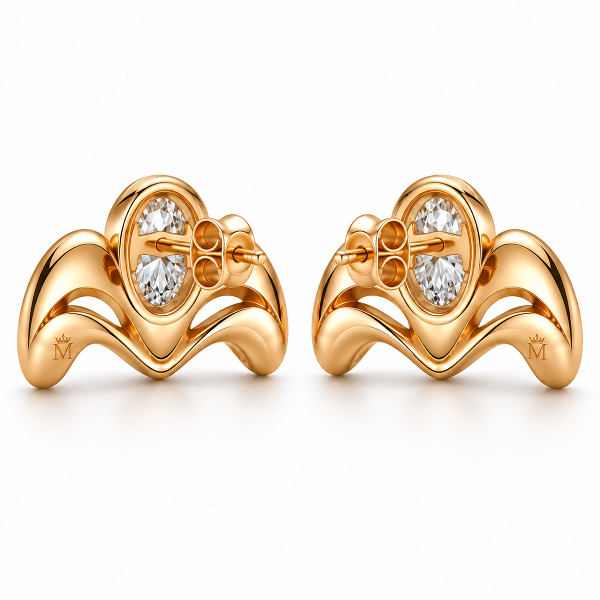 AI-generated rear illustration of MISSISSI Crown Flow earrings showing crowned M engraving, posts and friction backs
