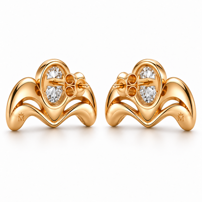 AI-generated rear illustration of MISSISSI Crown Flow earrings showing crowned M engraving, posts and friction backs