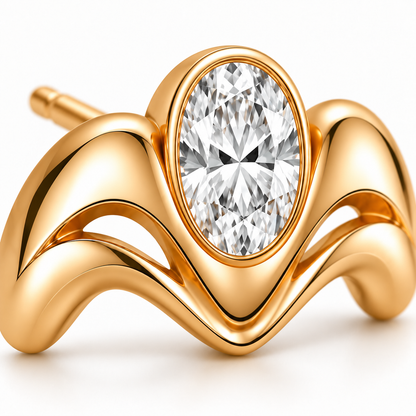 AI-generated macro of the oval lab-grown diamond bezel and polished gold M arches of a MISSISSI Crown Flow earring