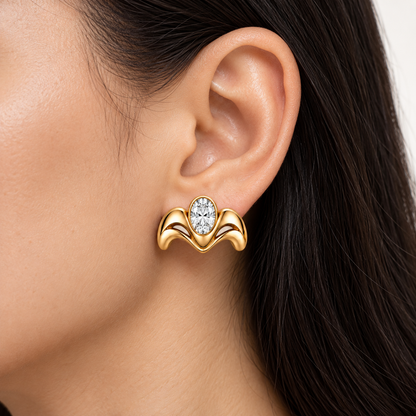 AI-generated wearing illustration of a MISSISSI Crown Flow statement stud on an adult ear; scale is approximate