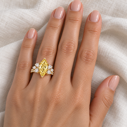 Citron Marquise Ballet marquise lab-grown diamond ring, adult left-hand wearing design visualization
