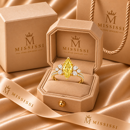 Citron Marquise Ballet marquise lab-grown diamond ring, champagne MISSISSI packaging design visualization