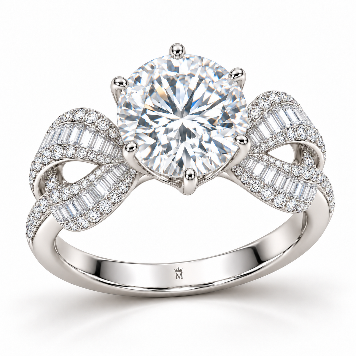 White Ribbon Knot round lab-grown diamond ring, elevated three-quarter design visualization