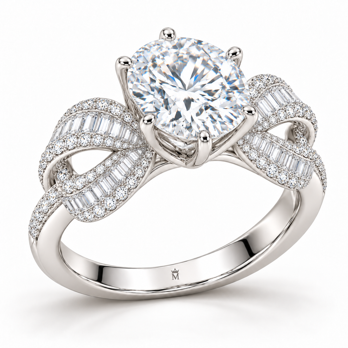 White Ribbon Knot round lab-grown diamond ring, structural angle design visualization