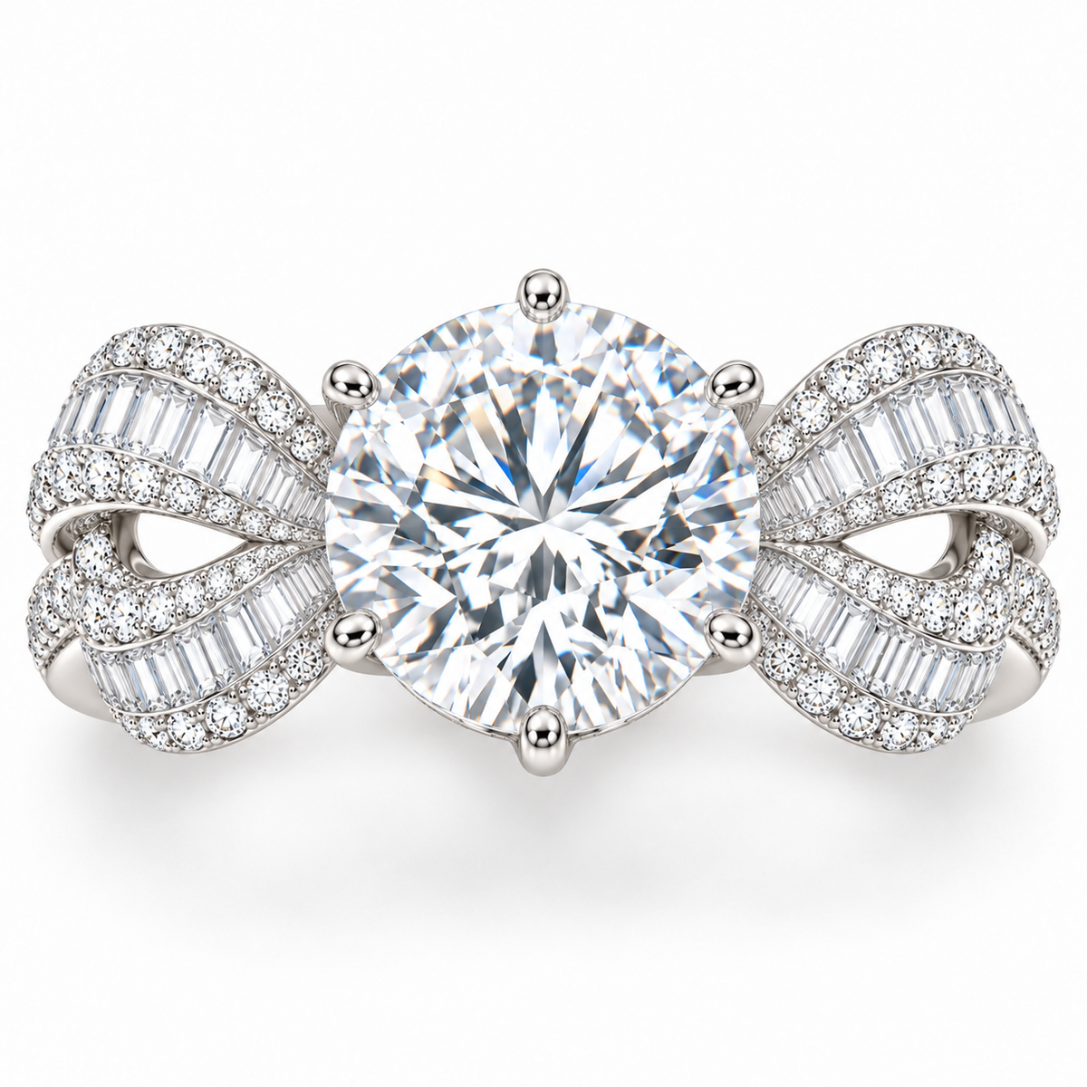 White Ribbon Knot round lab-grown diamond ring, face-up detail design visualization