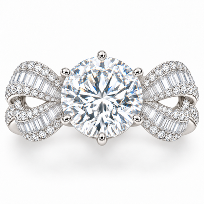 White Ribbon Knot round lab-grown diamond ring, face-up detail design visualization