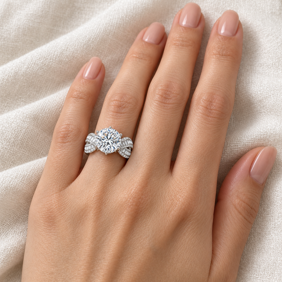 White Ribbon Knot round lab-grown diamond ring, adult left-hand wearing design visualization