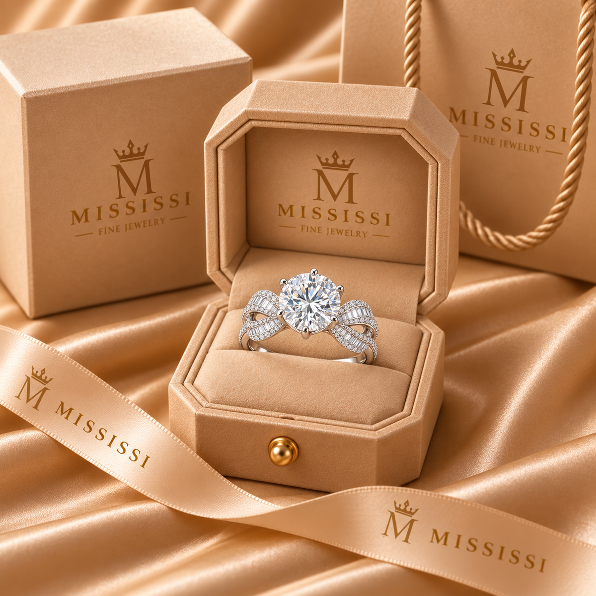 White Ribbon Knot round lab-grown diamond ring, champagne MISSISSI packaging design visualization
