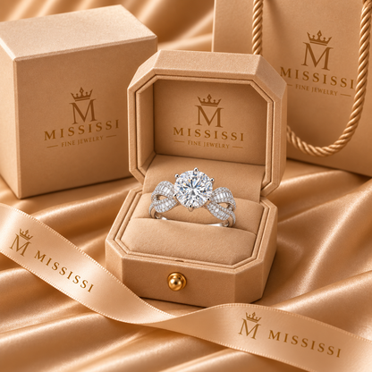 White Ribbon Knot round lab-grown diamond ring, champagne MISSISSI packaging design visualization