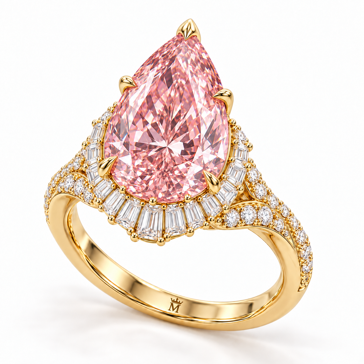 Blush Tidal Crown pink pear lab-grown diamond ring, three-quarter view, crown M engraved at inner band center