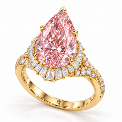 Blush Tidal Crown pink pear lab-grown diamond ring, three-quarter view, crown M engraved at inner band center