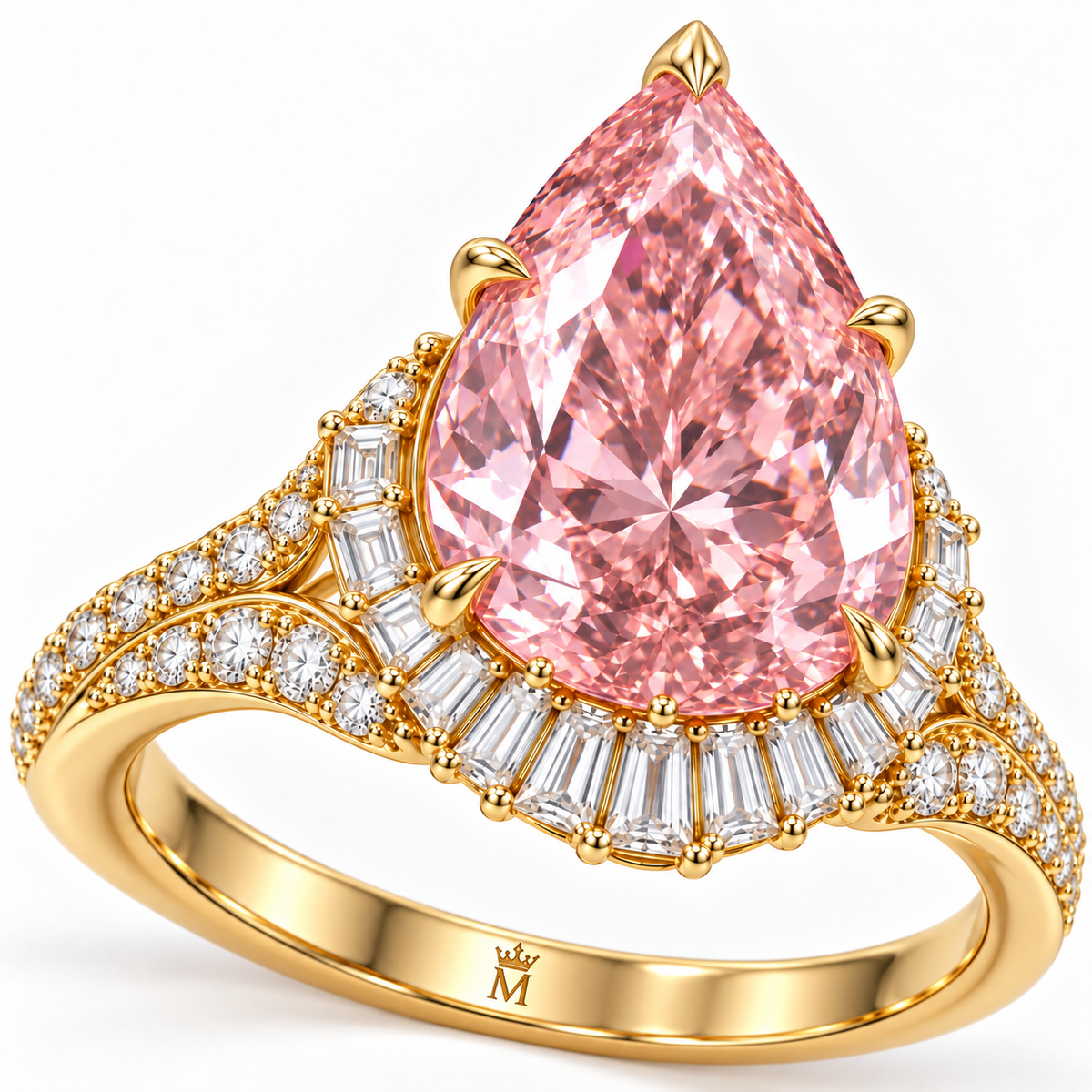 Blush Tidal Crown pink pear lab-grown diamond ring, detail view, crown M engraved at inner band center