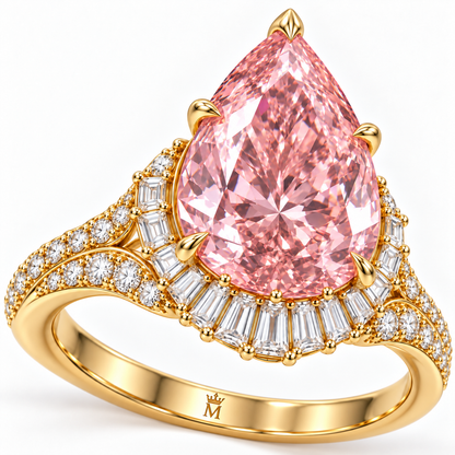 Blush Tidal Crown pink pear lab-grown diamond ring, detail view, crown M engraved at inner band center
