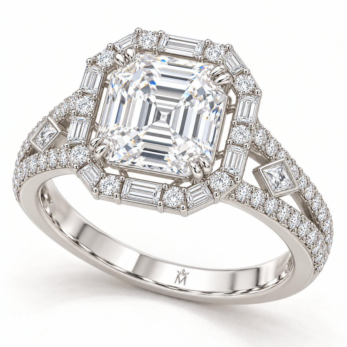 Glacial Rosette White Asscher Lab-Grown Diamond Ring, three quarter
