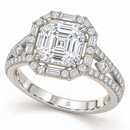 Glacial Rosette White Asscher Lab-Grown Diamond Ring, three quarter