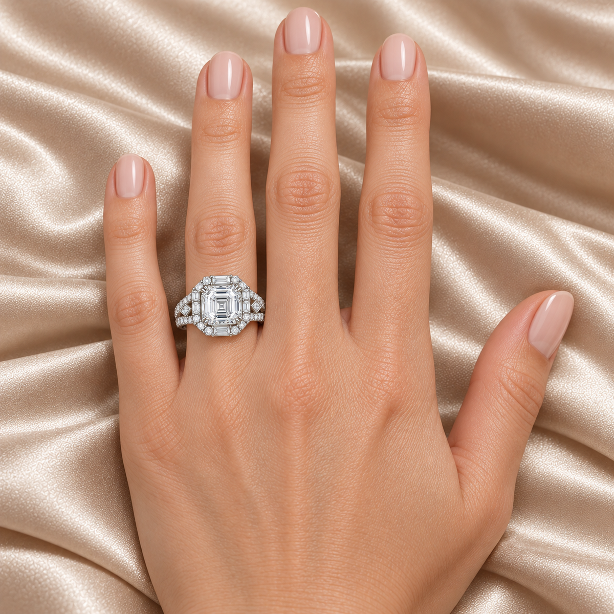 Glacial Rosette White Asscher Lab-Grown Diamond Ring, left hand