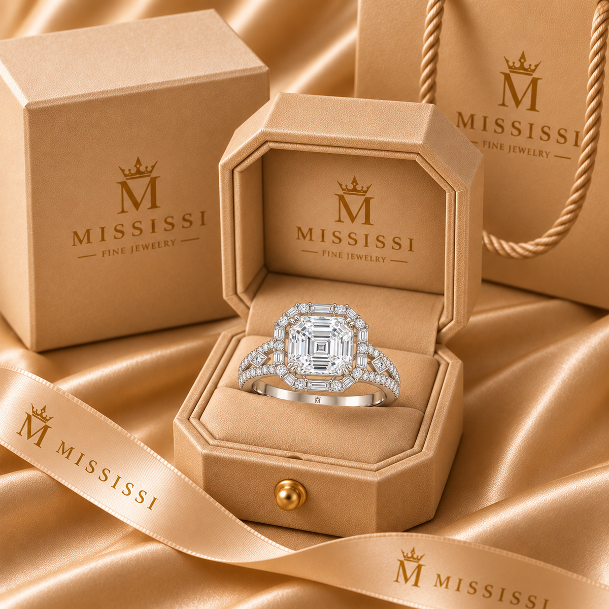 Glacial Rosette White Asscher Lab-Grown Diamond Ring, packaging