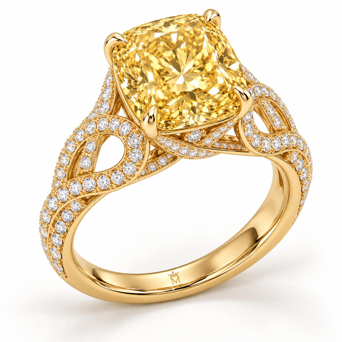Golden Arabesque Yellow Cushion Lab-Grown Diamond Ring, three quarter