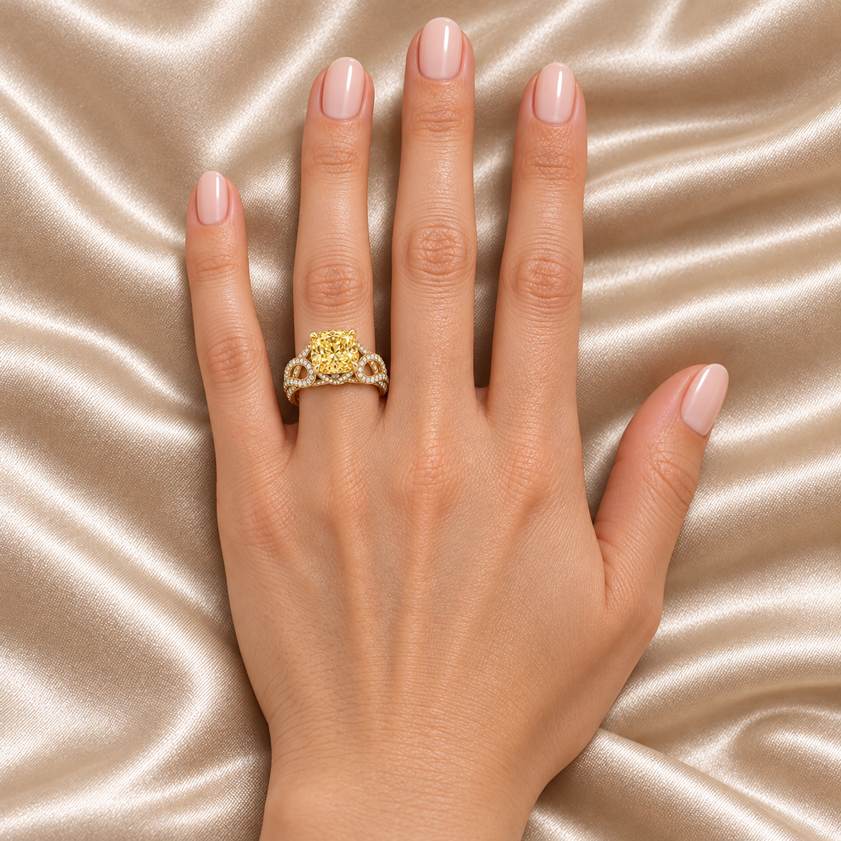 Golden Arabesque Yellow Cushion Lab-Grown Diamond Ring, left hand