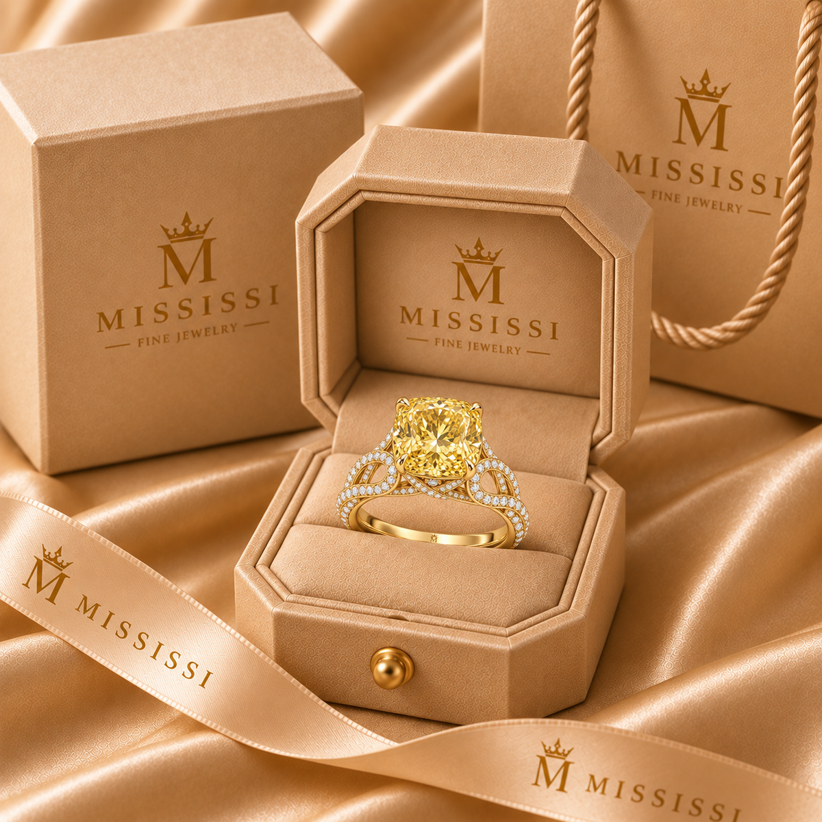 Golden Arabesque Yellow Cushion Lab-Grown Diamond Ring, packaging