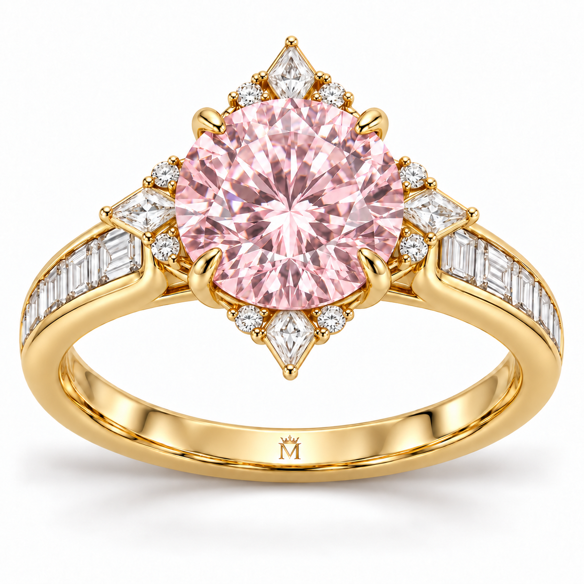 Pink Compass Rose pink round lab-grown diamond ring in yellow gold - Front view