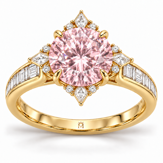 Pink Compass Rose pink round lab-grown diamond ring in yellow gold - Front view