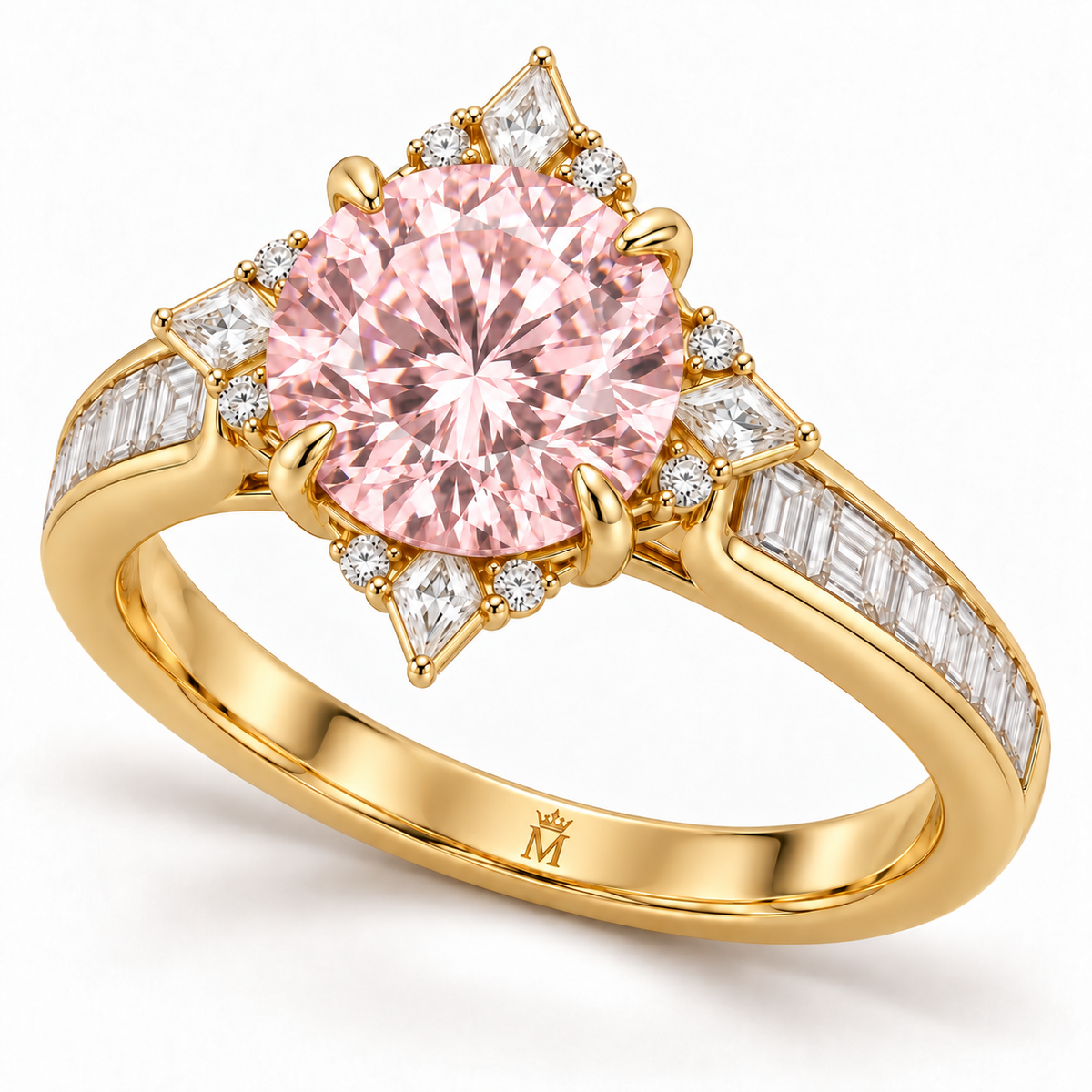 Pink Compass Rose pink round lab-grown diamond ring in yellow gold - Three-quarter view
