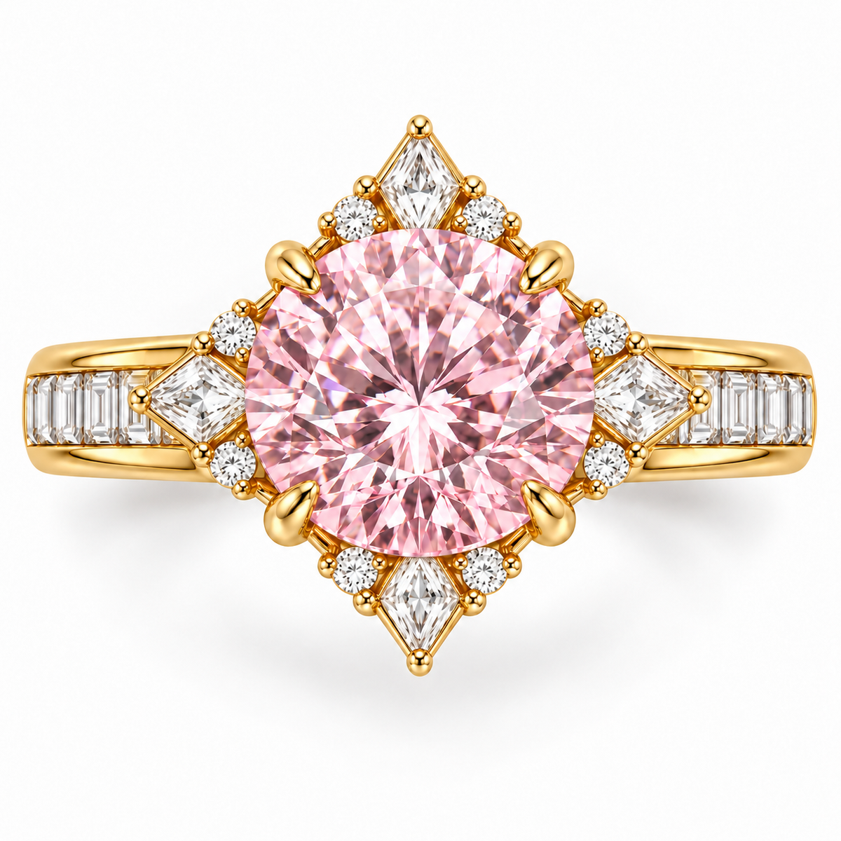 Pink Compass Rose pink round lab-grown diamond ring in yellow gold - Top view