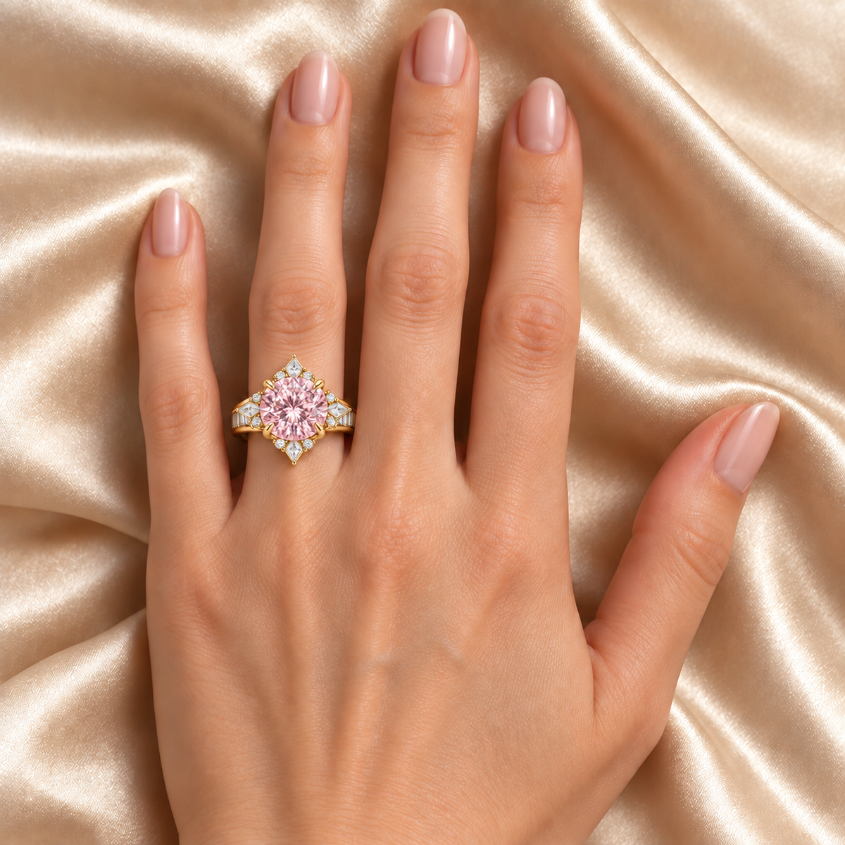 Pink Compass Rose pink round lab-grown diamond ring in yellow gold - On the left ring finger