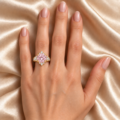 Pink Compass Rose pink round lab-grown diamond ring in yellow gold - On the left ring finger