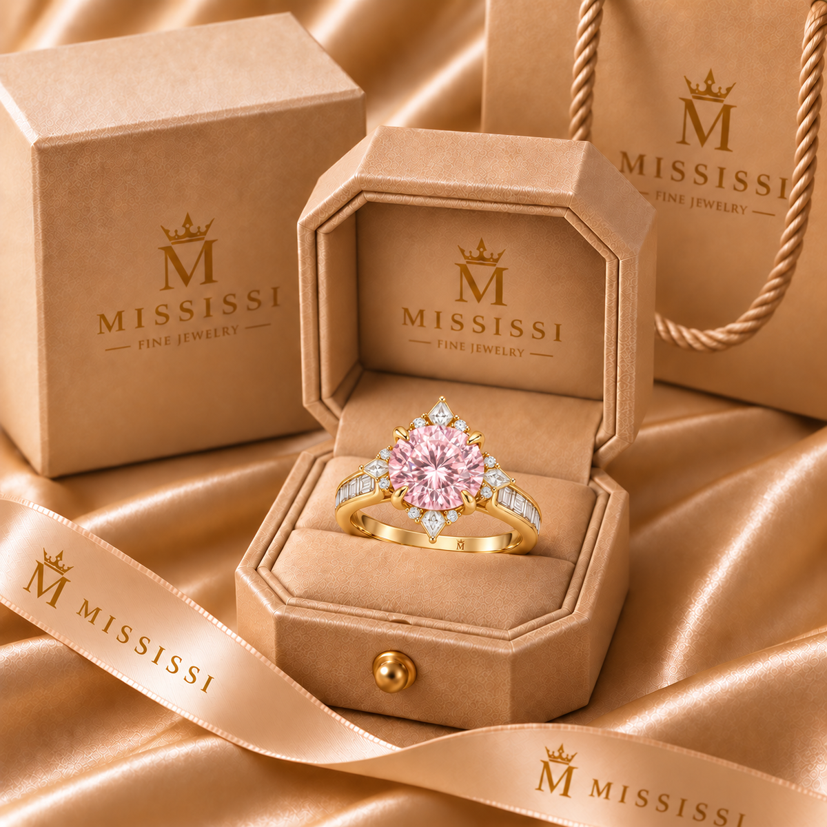 Pink Compass Rose pink round lab-grown diamond ring in yellow gold - In MISSISSI packaging