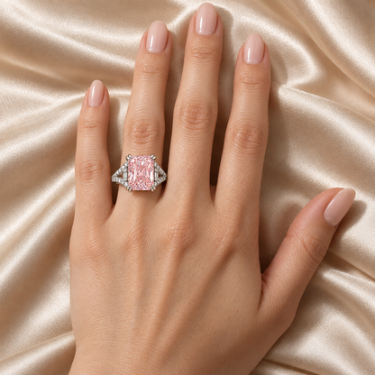 Pink Lantern Lace Pink Radiant Lab-Grown Diamond Ring, left hand