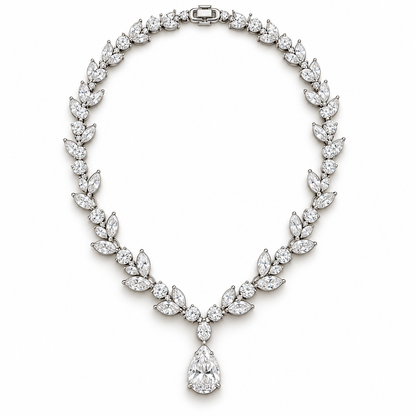 Willow Drop lab-grown diamond necklace with marquise leaves and a pear drop, white-metal front view