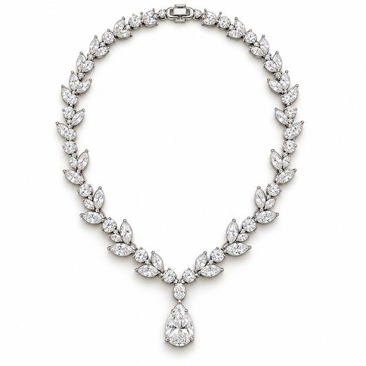 Willow Drop lab-grown diamond necklace with marquise leaves and a pear drop, white-metal front view