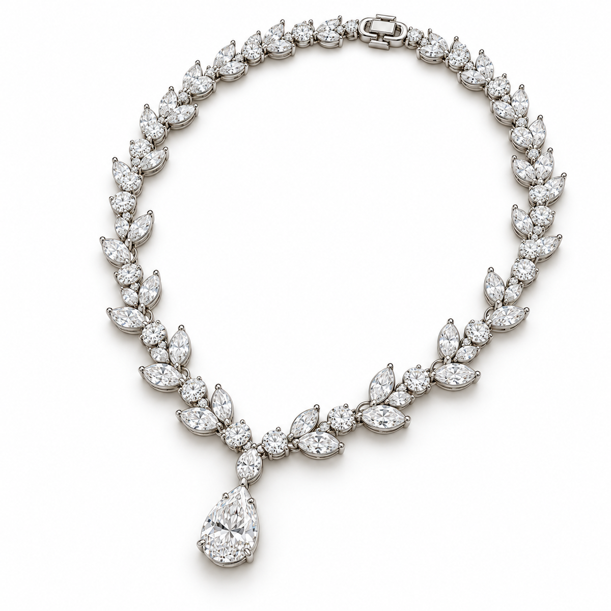 Angled white-metal view of Willow Drop necklace showing the linked marquise leaves and central pear drop