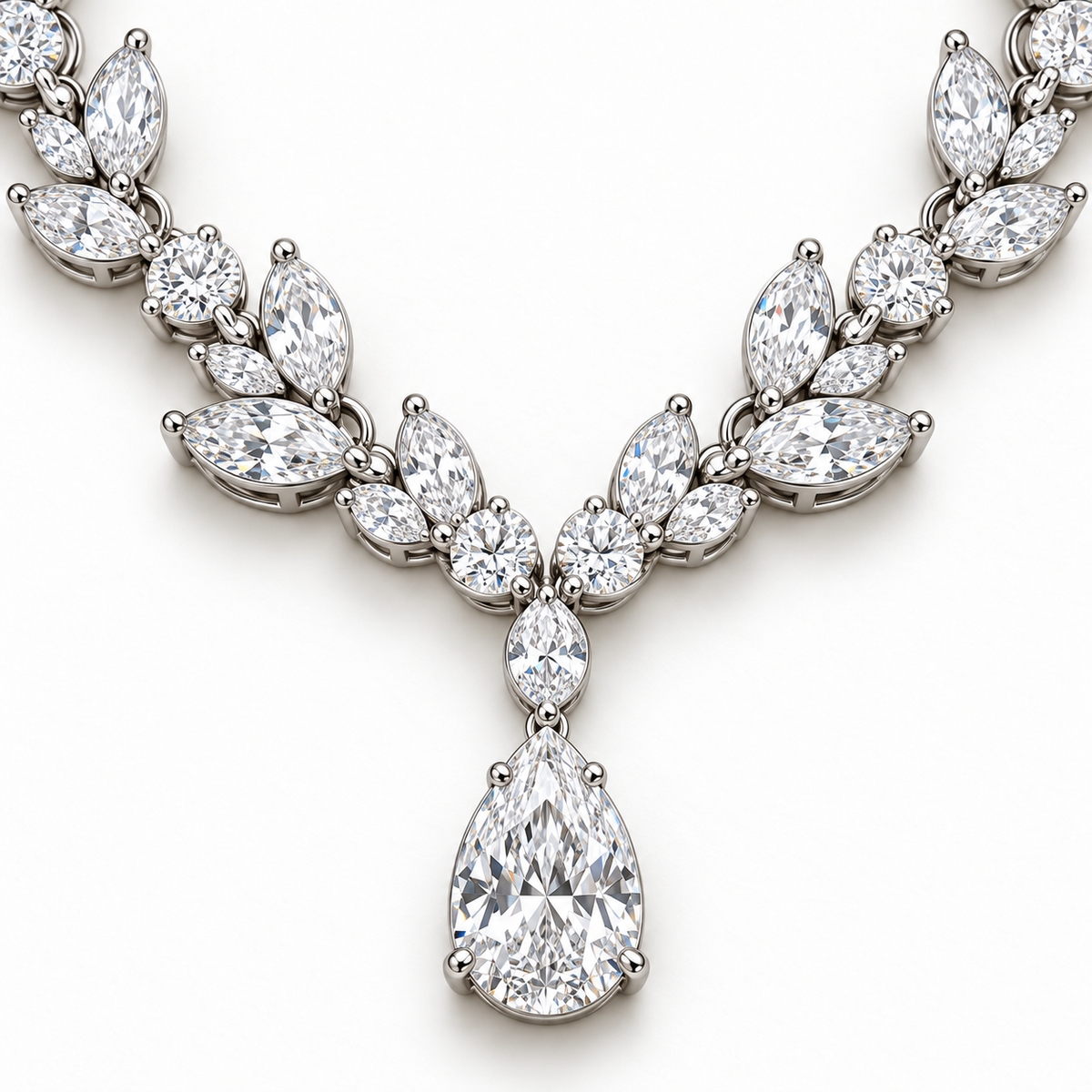 Close view of Willow Drop necklace focal pear diamond, connector and marquise leaf settings