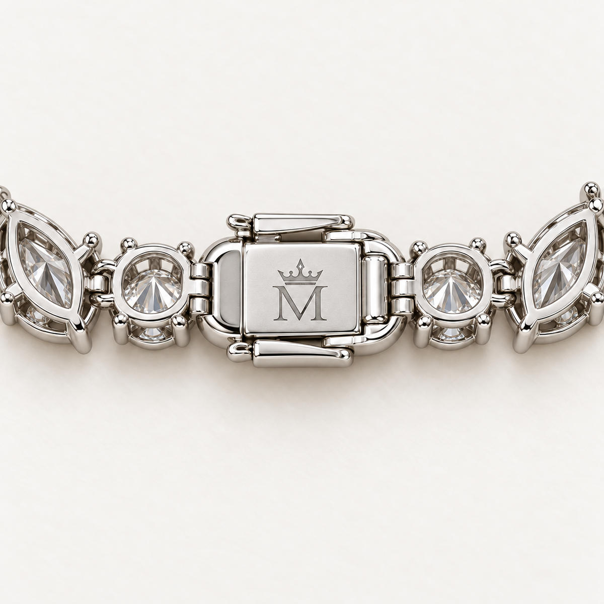 Willow Drop necklace clasp underside with engraved official MISSISSI crowned-M and open-backed settings