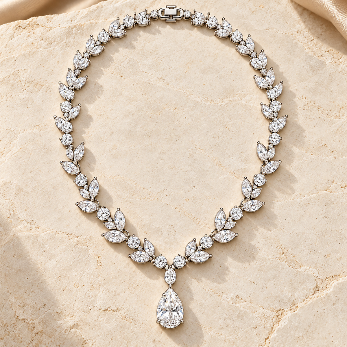 Willow Drop necklace arranged on pale textured stone with its pear drop and complete leaf-patterned line