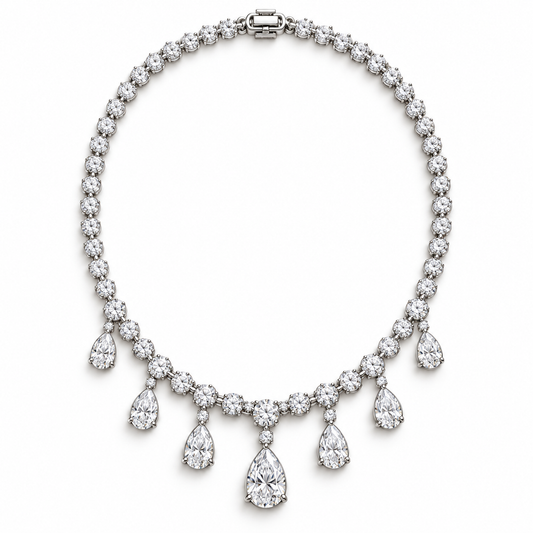 Dew Garland lab-grown diamond necklace with seven graduated pear drops, front view